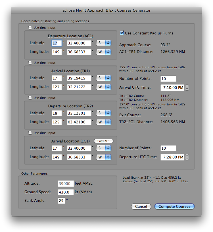 E-Flight Approach Exit Course Parameter Dialog