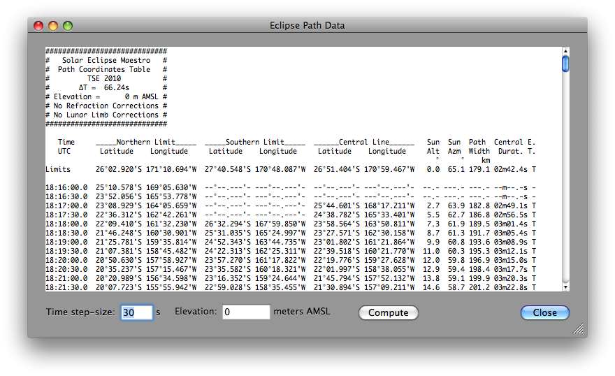 Eclipse Path Data Dialog