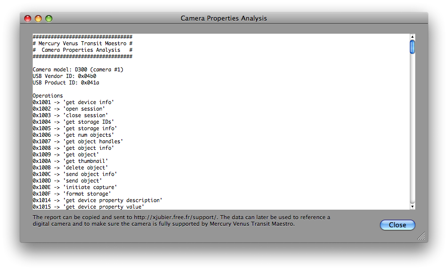 Camera Properties Analysis Window