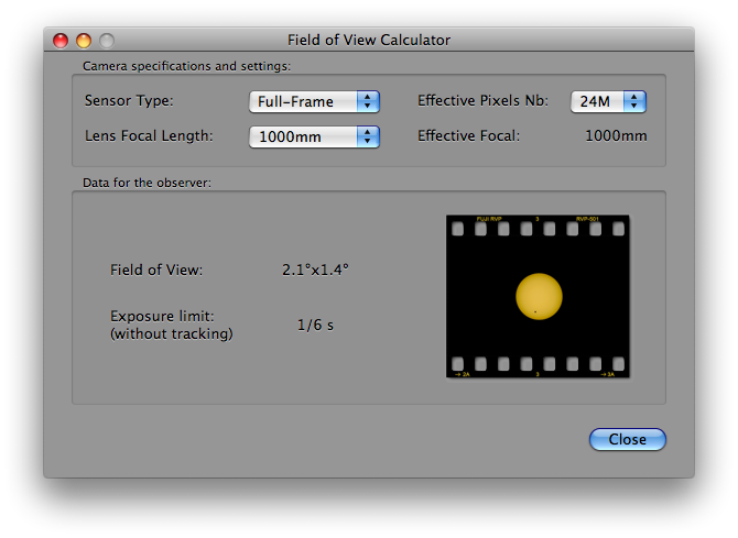 Transit Image Field View Calculator Window
