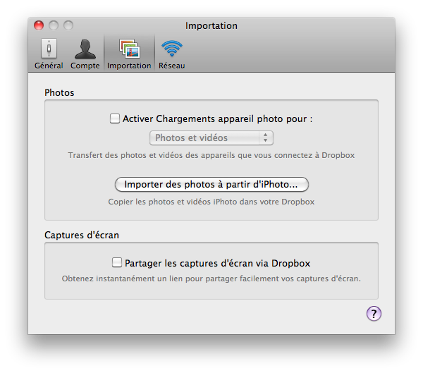 Dialogue Préférences Importation Dropbox