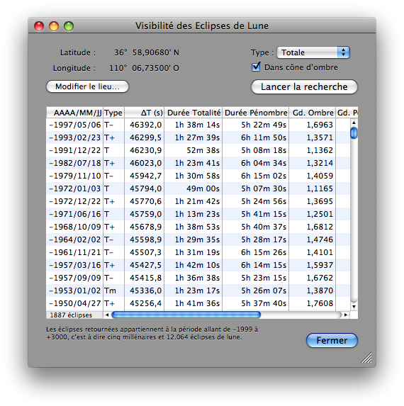 Fenêtre Liste Visibilité Eclipse Lune