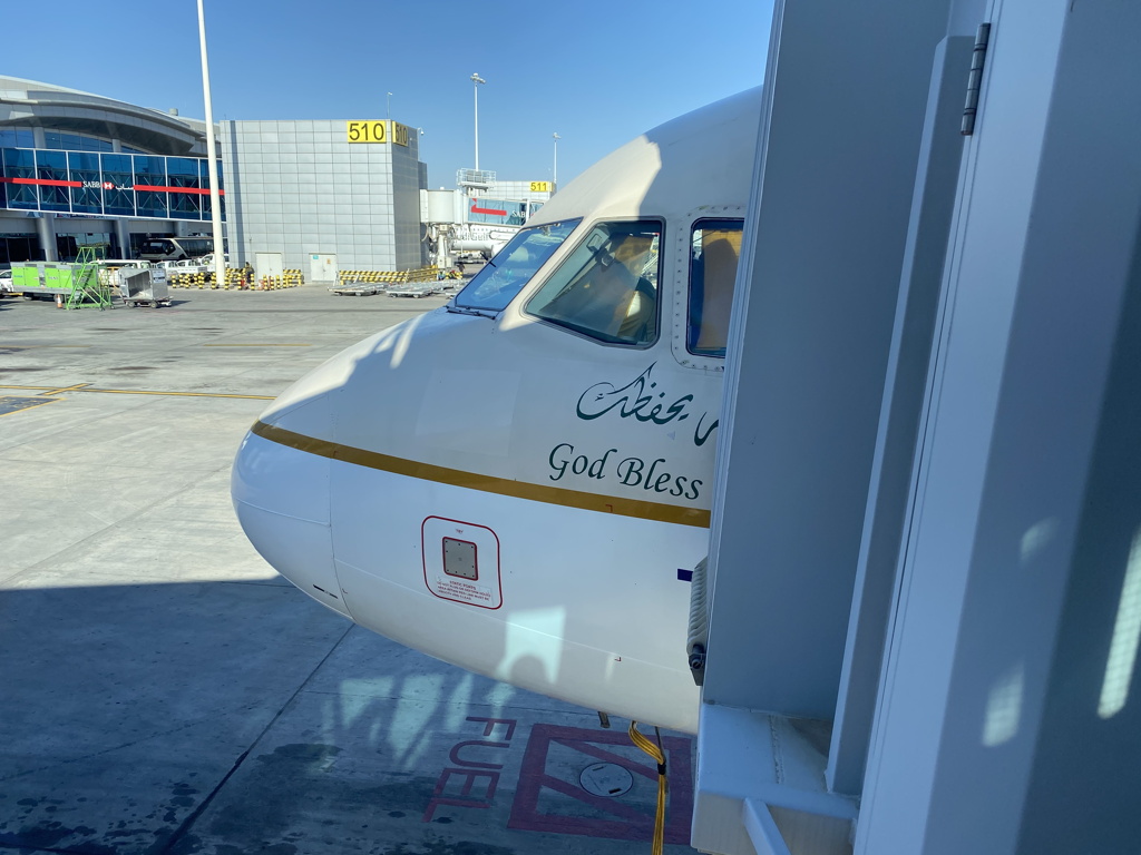 God Bless You Inscription Aircraft Saudia Riyadh Airport Saudi Arabia