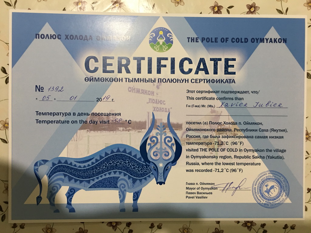 2019 January 5 Oymyakon Pole Cold Certificate Sakha Republic Yakutia Siberia Russia