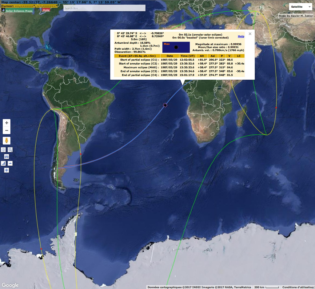 Map Hybrid Solar Eclipse 1987 South Atlantic Ocean Gabon